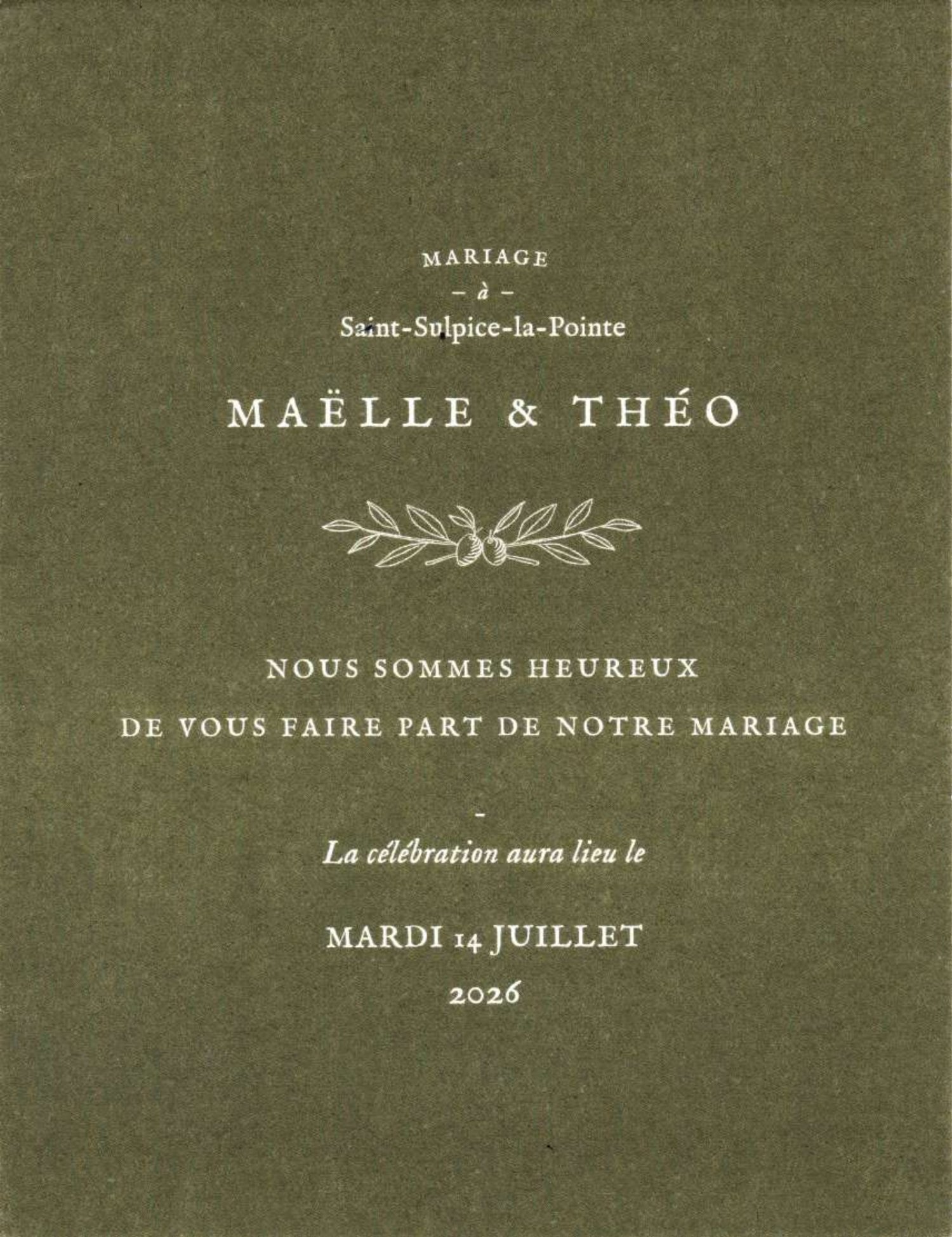 Faire-part du mariage de Maëlle et Théo — recto : mardi 14 juillet 2026, en l'église Saint-Blaise à Saint-Jean-Lherm
